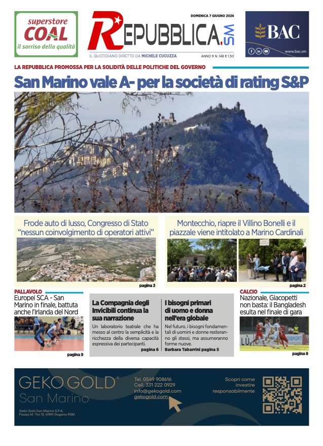 San Marino. La prima pagina de La RepubblicaSM