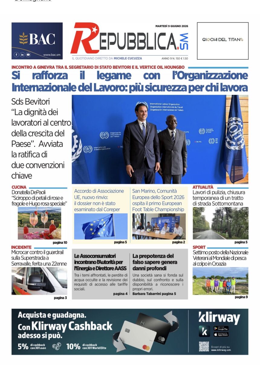 San Marino. La prima pagina de La RepubblicaSM