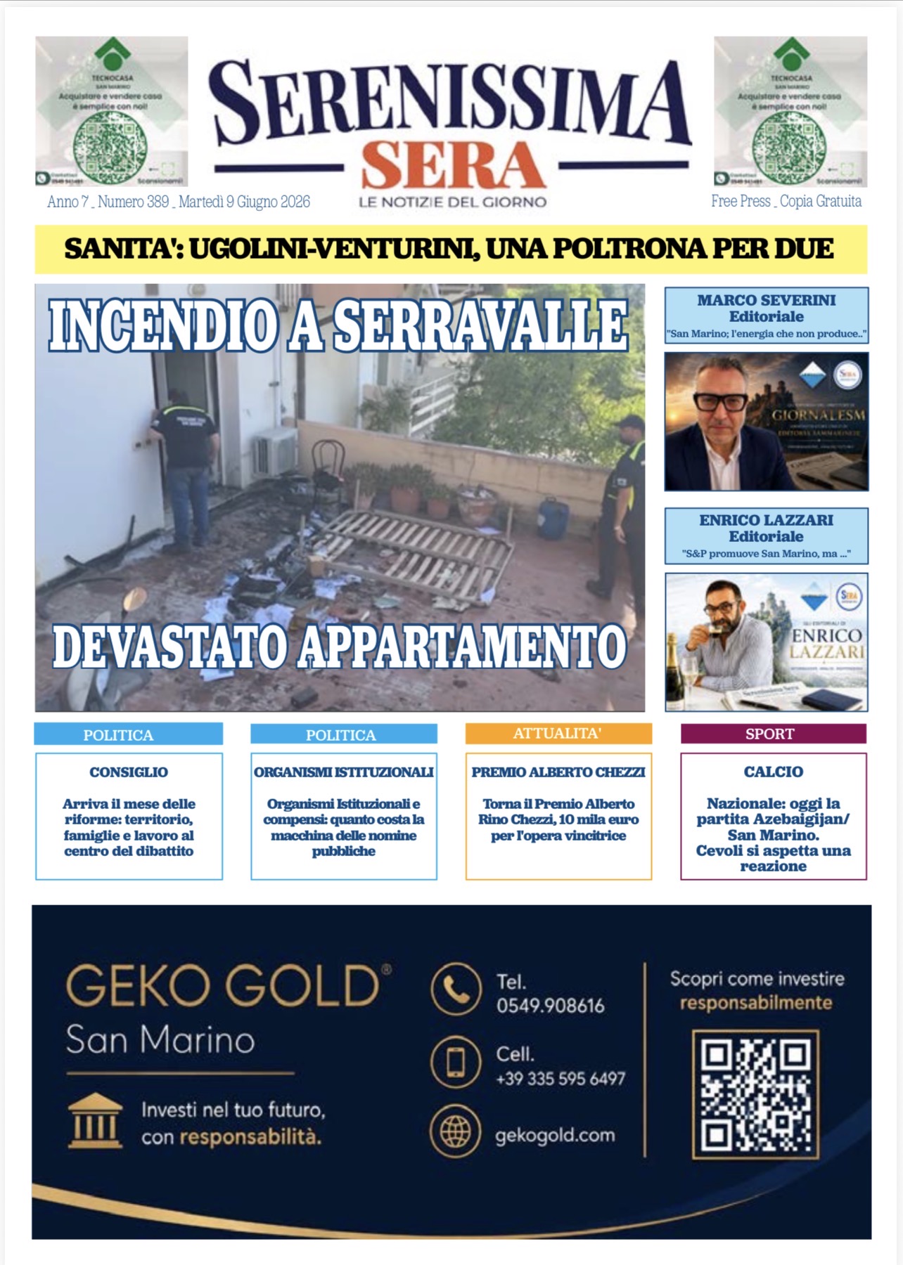 San Marino. La Prima pagina del Serenissima Sera