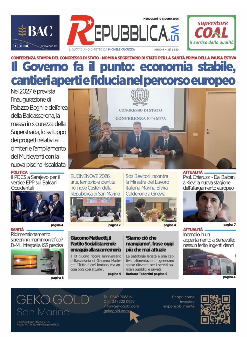 San Marino. La prima pagina de La RepubblicaSM