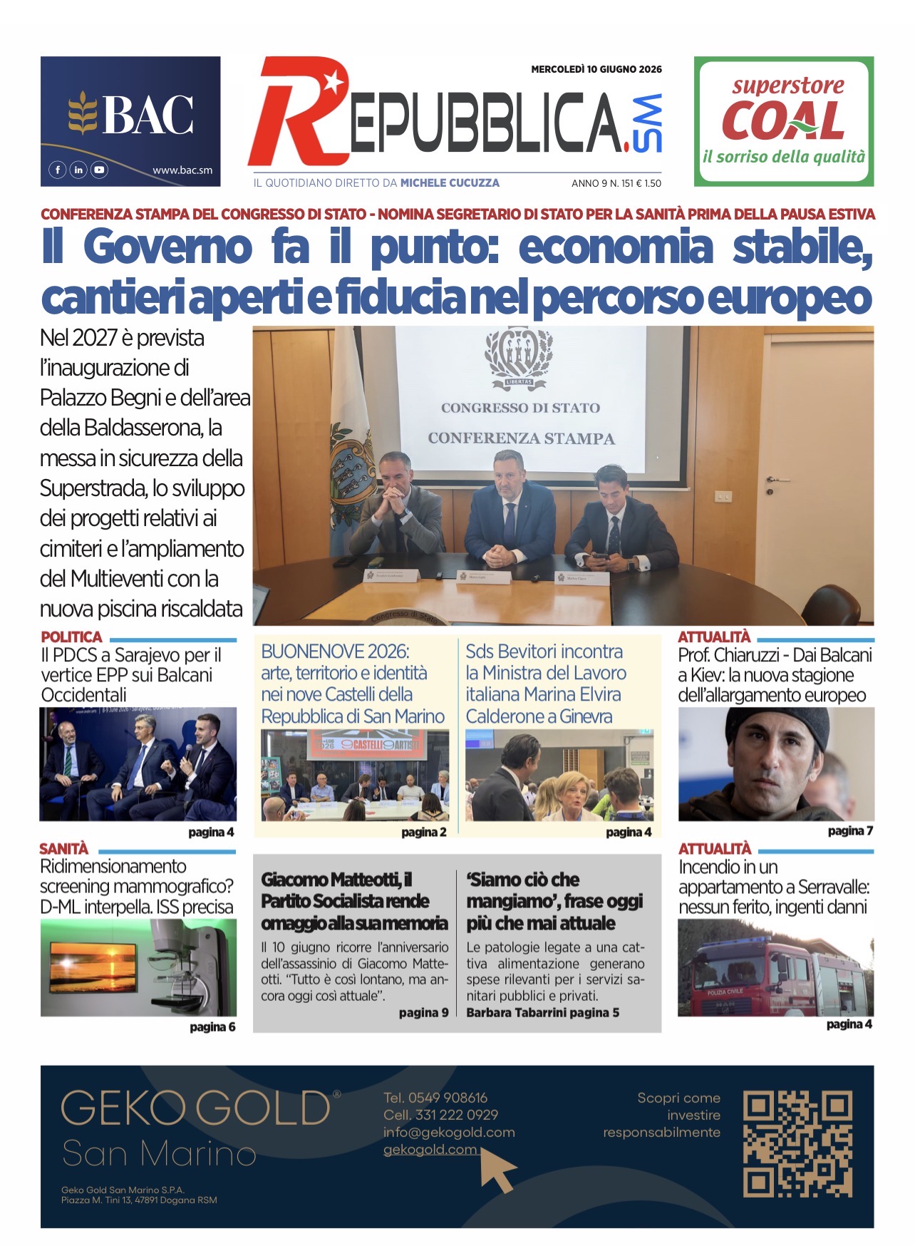 San Marino. La prima pagina de La RepubblicaSM