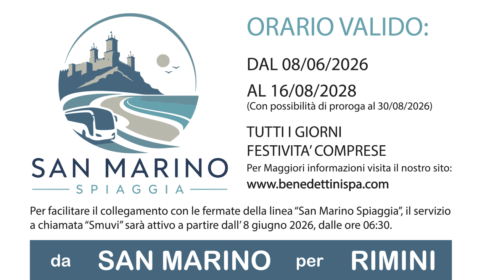 San Marino Spiaggia 2026, online gli orari del servizio Benedettini per Rimini Mare
