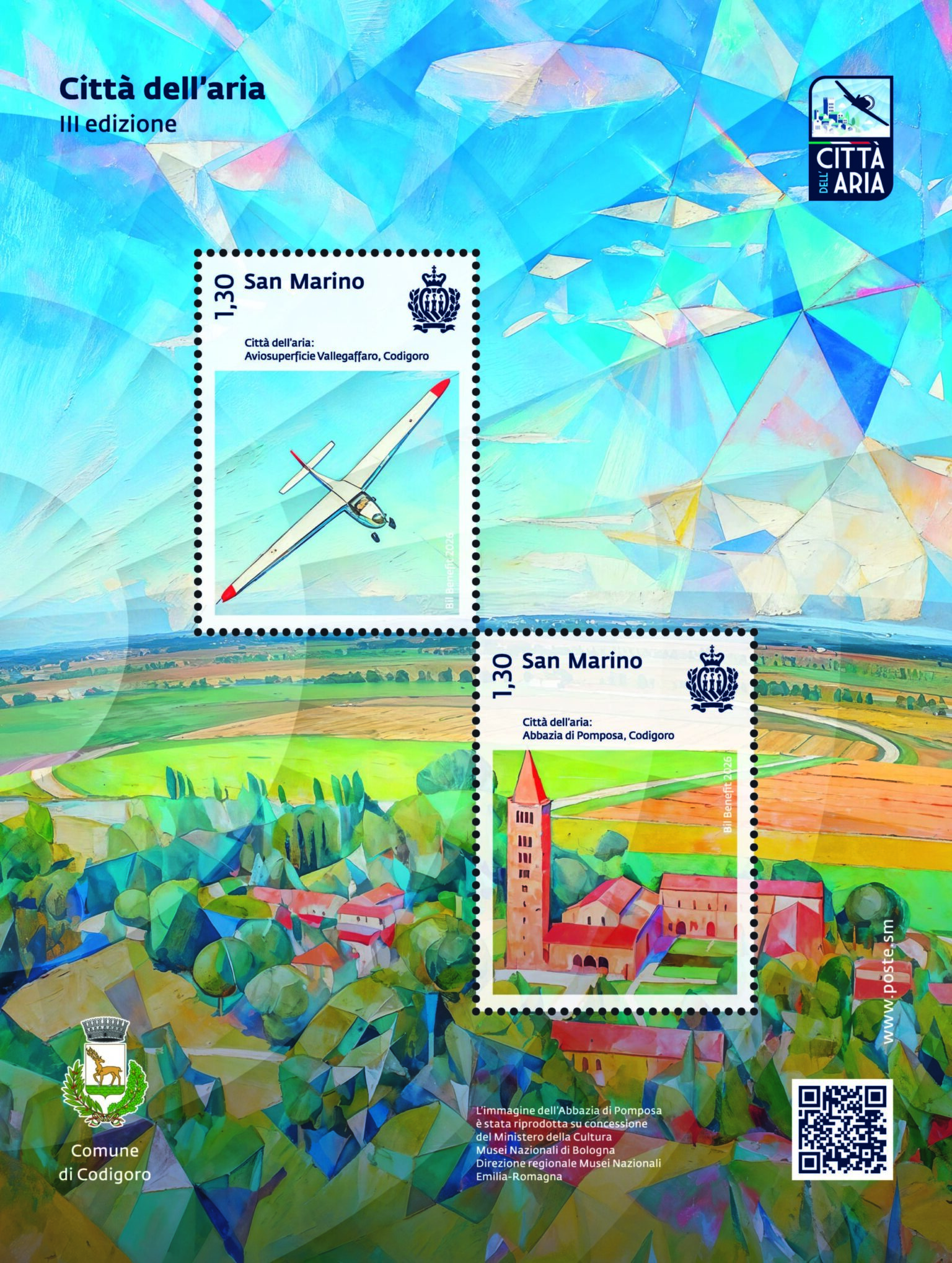 Poste San Marino. Codigoro, tra Abbazia di Pomposa e cielo del Delta: due francobolli celebrano la Città dell’Aria 2026