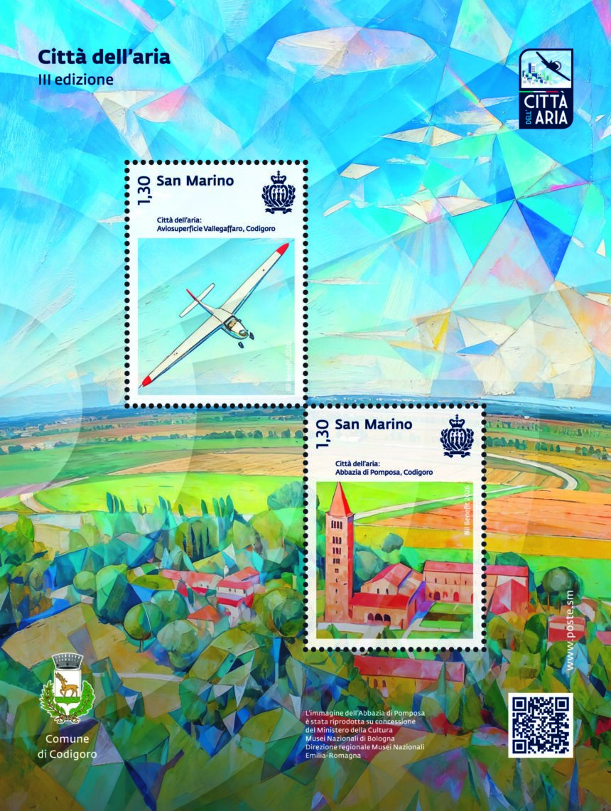 Poste San Marino. Codigoro, tra Abbazia di Pomposa e cielo del Delta: due francobolli celebrano la Città dell’Aria 2026