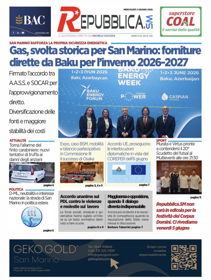 San Marino. La prima pagina de La RepubblicaSM